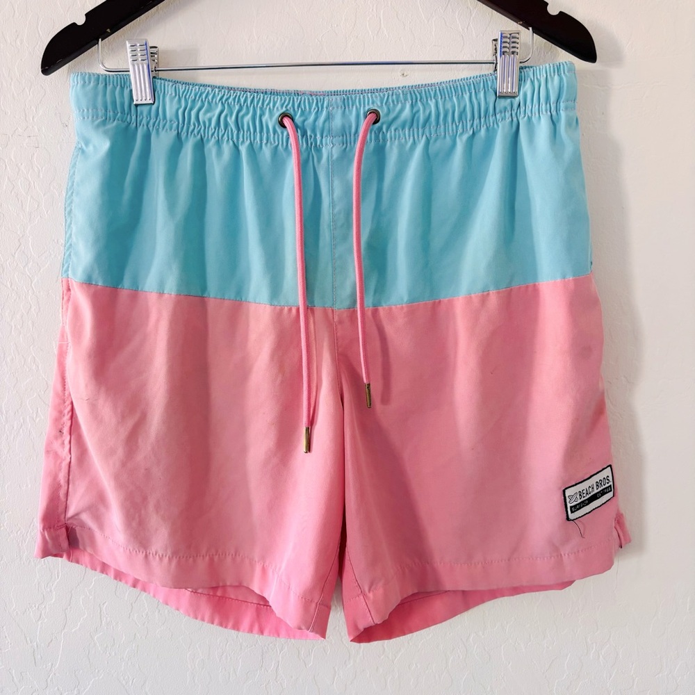 Beach Bros‎ Pink Blue Surf Shop Swim Shorts Size Medium Colorblock Lined